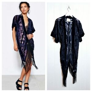 Pins & Needles Blue Velvet Burnout Sheer Fringe Kimono Open Front Womens M/L